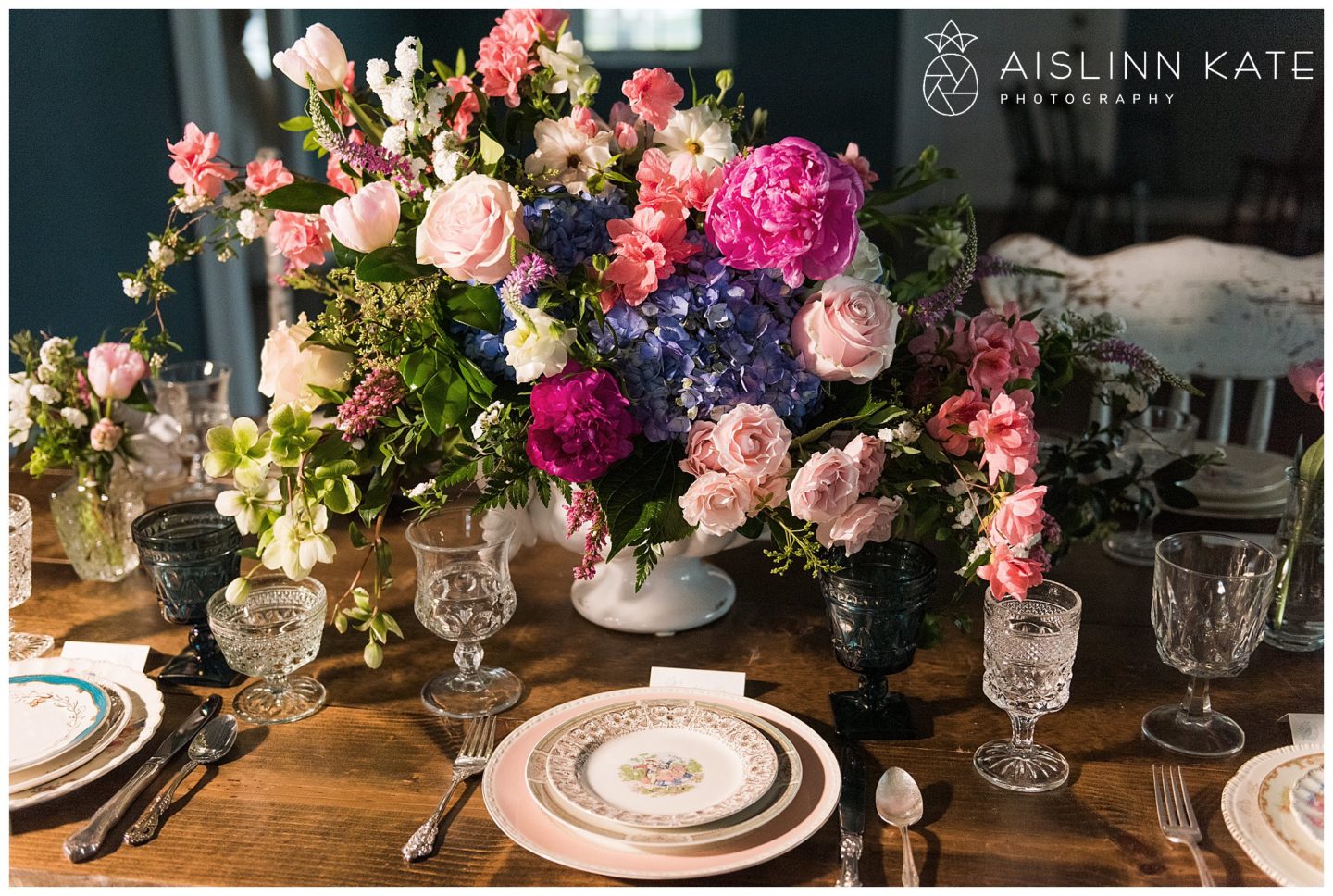 Floral center piece on wooden table